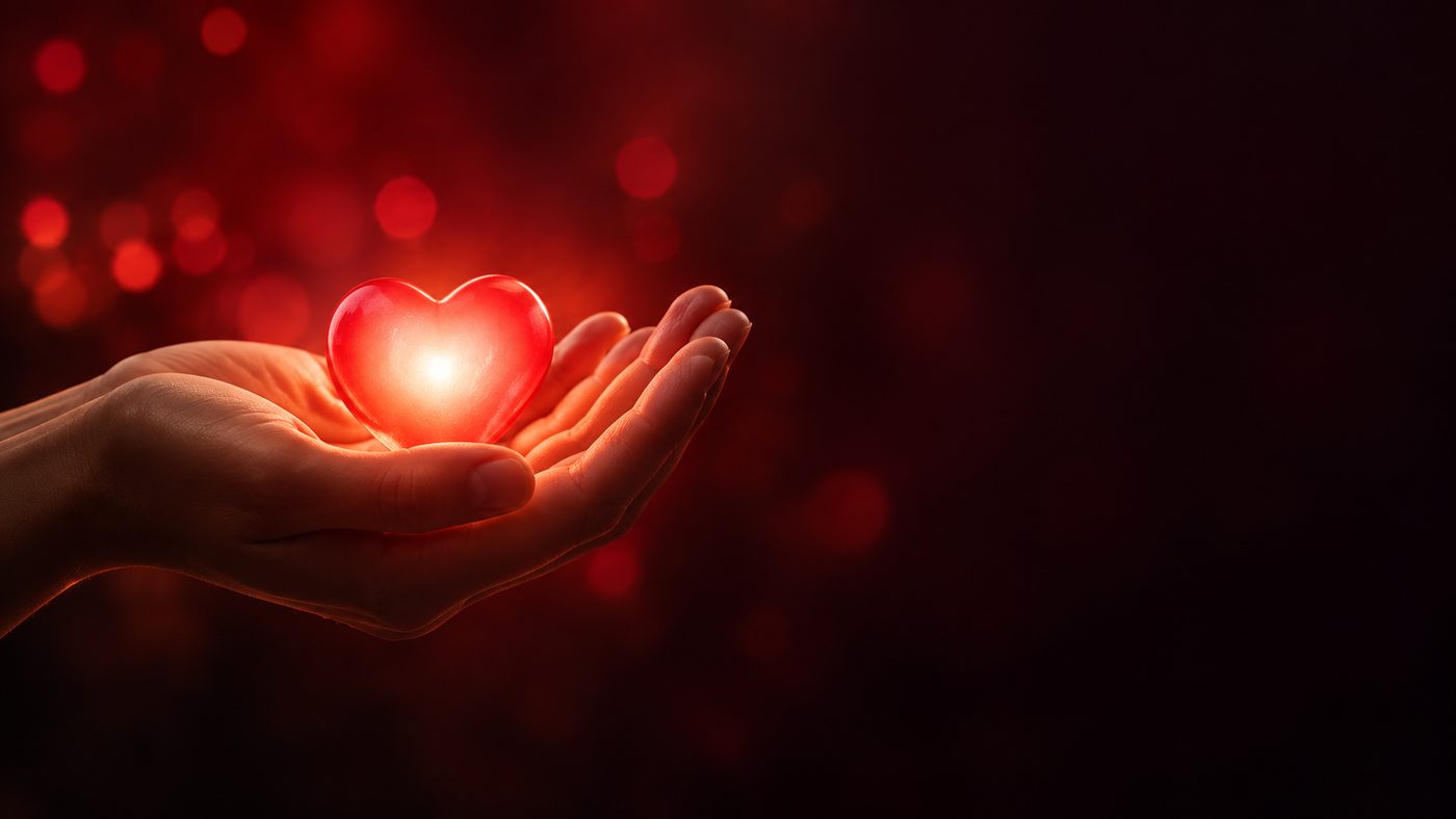 Open hand holding a glowing red heart