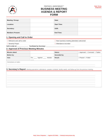 First page of Business Meeting Agenda & Report Form