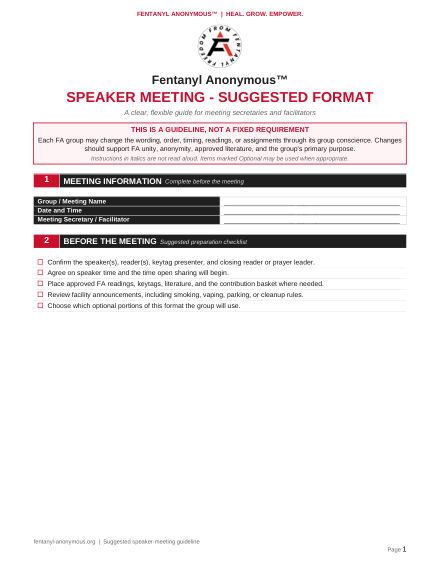 First page of Speaker Meeting — Suggested Format